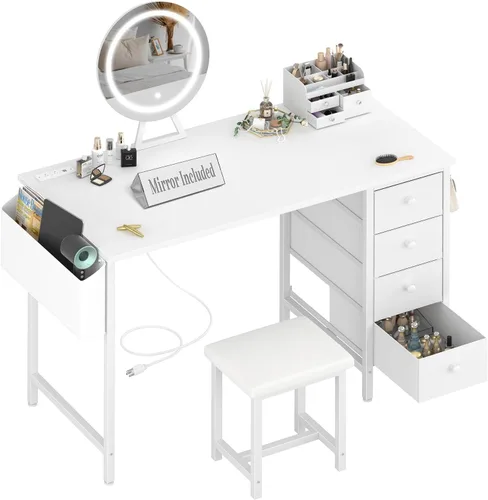 Miniatura 9 de Escritorio blanco con espejo y luz, juego de tocador de maquillaje con silla, almacenamiento, espejo iluminado, 4 cajones de tela grandes y toma