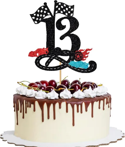 Decoración para tartas de cumpleaños número 13, decoración para tartas de trece años con purpurina rápida, bandera a cuadros, pista de carreras para
