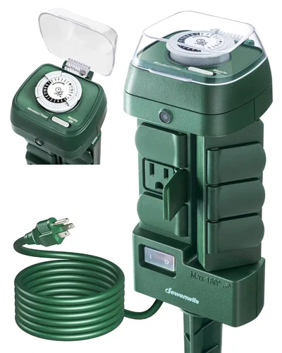 DEWENWILS Temporizador de estaca mecánica para exteriores, resistente al agua, 6 tomas con conexión a tierra (3 giratorias 180°), cable de 6 pies,