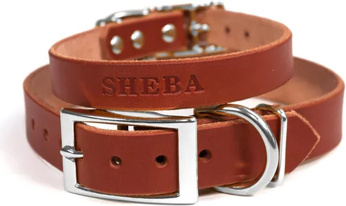Miniatura 18 de Collar de perro de cuero de brida personalizado hecho a mano, nombre de mascota grabado, herrajes en tono níquel/plateado (marrón desgastado)