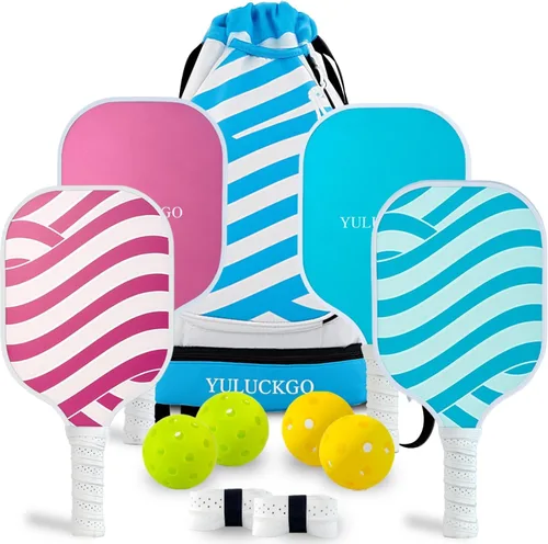 Juego de 4 palas de pickleball de fibra de vidrio, 4 bolas para exteriores/interiores, par de cintas de agarre, 1 bolsa de transporte portátil,
