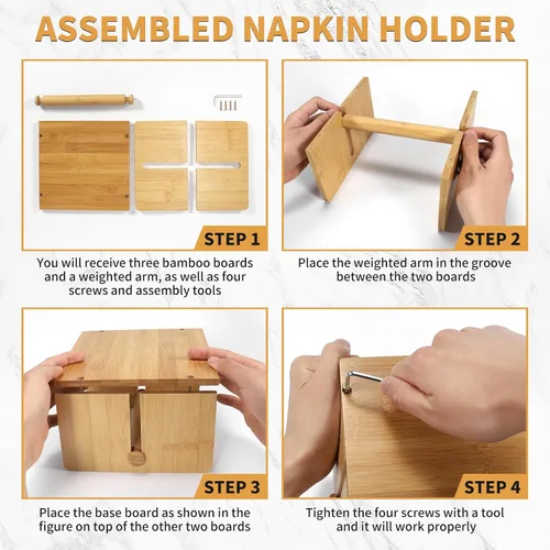 Miniatura 2 de Servilletero de bambú para mesa, servilletero cuadrado con brazo pesado, soporte de papel de cóctel de madera para cocina, comedor y fiesta