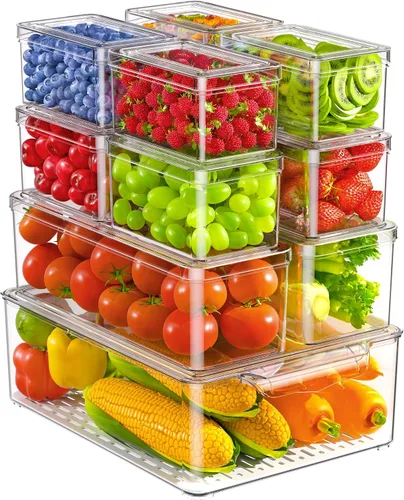 KEMETHY - Paquete de 11 organizadores y almacenamiento para refrigerador, contenedores organizadores apilables para refrigerador, contenedores de