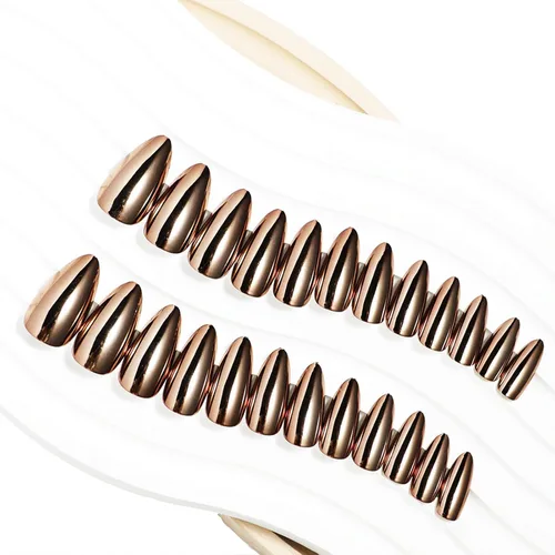 Miniatura 2 de Uñas postizas a presión cromadas de bronce y almendra mediana, uñas postizas de aguja con diseño brillante, uñas postizas acrílicas de metal