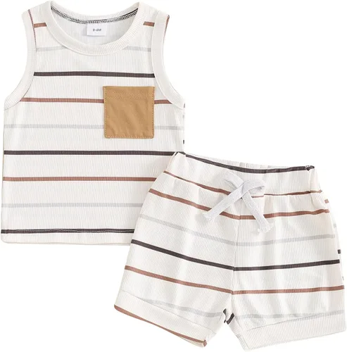 Miniatura 71 de Ropa de bebé niño sin mangas + pantalones cortos con estampado a rayas con bolsillos, 2 piezas de trajes de verano
