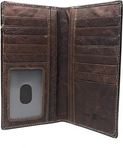 Miniatura 2 de Cuero genuino Basketweave Floral Tooled Rezando Vaquero Mens Long Bifold Wallet 2 colores, Café, Billetera plegable
