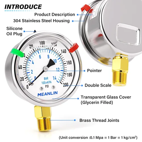Miniatura 54 de MEANLIN MEASURE Medidor de presión de acero inoxidable relleno de líquido de 0 ~ 300 psi, esfera de cara NPT de 2 pulgadas para compresor de aire