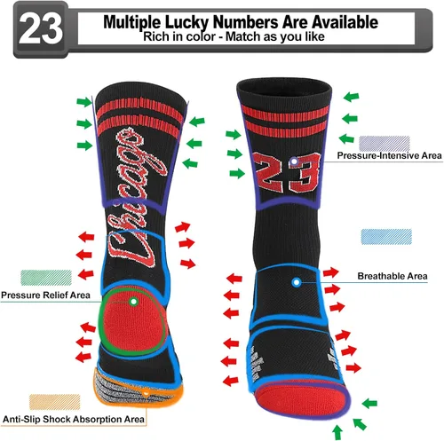 Miniatura 22 de 2 pares de calcetines de baloncesto para hombres y niños, equipo de baloncesto con número de la suerte, calcetines de estrella para niños y adultos