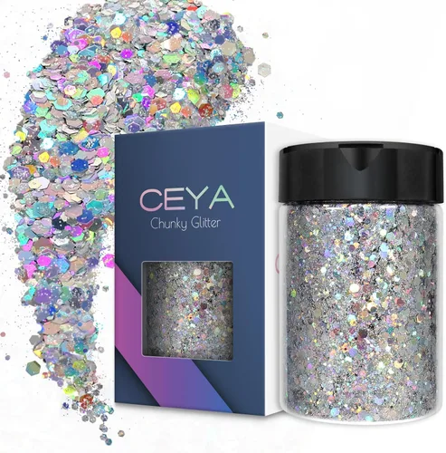 Ceya - Purpurina holográfica gruesa, 140 g / 4.9 oz, plata, polvo de purpurina para manualidades, lentejuelas finas y gruesas mezcladas, plateado