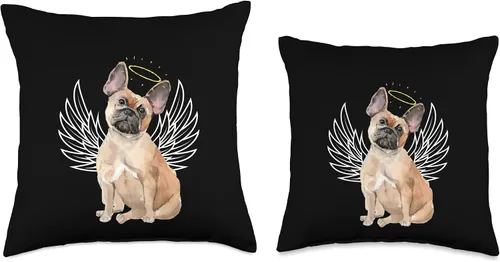 Miniatura 3 de French Bulldog Frenchie Fans Dog Breed Accessories Bonita almohada de ala de ángel y halo de bulldog francés, color marrón y marrón tostado, 15.7 x