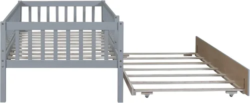 Miniatura 6 de Base de cama de tamaño individual con barandillas nido y valla para niños, adolescentes y adultos, soporte de listones de madera, no necesita Gris