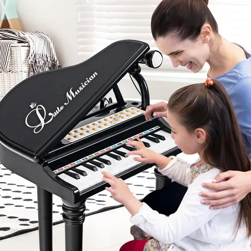 Miniatura 8 de Costzon Piano para niños, mini teclado de juguete de piano de cola de 31 teclas con micrófono, taburete y luces, piano electrónico portátil, juguete