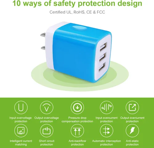 Miniatura 2 de Enchufe de carga, bloque de carga Sicodo - Paquete de 5 cubos USB de 3.1 amperios de 3 puertos para iPhone 17/16/15/14/13/12/SE/11Pro Max, Plus
