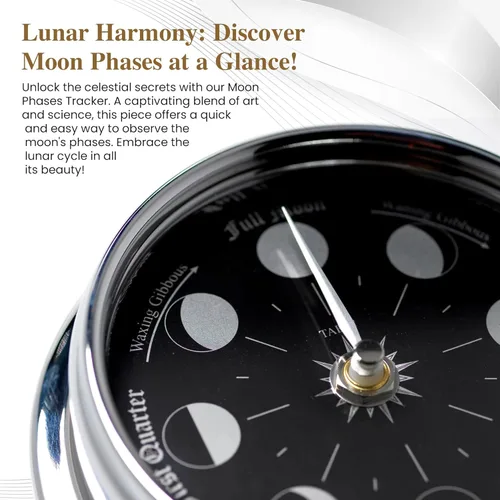 Miniatura 5 de Reloj de Pared de Fases Lunares Prestige Cromado Hecho a Mano - Elegante Reloj de Pared de Luna Llena con Esfera Negra Azabache, Aspecto Cromo