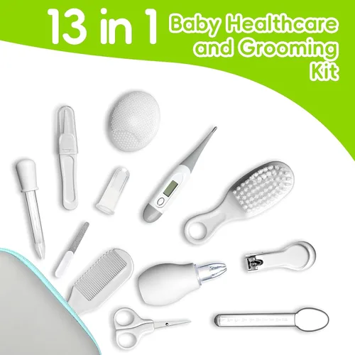 Miniatura 2 de Kit de cuidado de la salud y aseo del bebé, juego portátil de cuidado de seguridad para bebés, kit esencial para recién nacido (gris blanco 13 en 1)