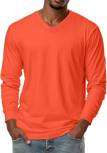 Miniatura 24 de Camiseta para hombre, manga larga, cuello en V, color liso, informal, básica, suave, elástica, M-3XL