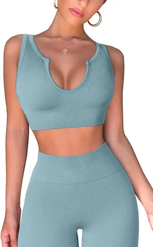 Miniatura 3 de QINSEN Conjuntos de entrenamiento para mujer, 2 piezas, acanalados, sin costuras, sin mangas, cintura alta, leggings de yoga
