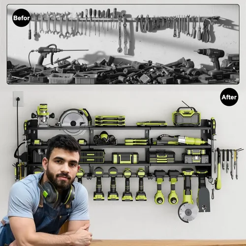 Miniatura 5 de Soporte de taladro inalámbrico para 12 unidades, organizador grande de herramientas eléctricas, soporte de pared con tablero de clavijas lateral