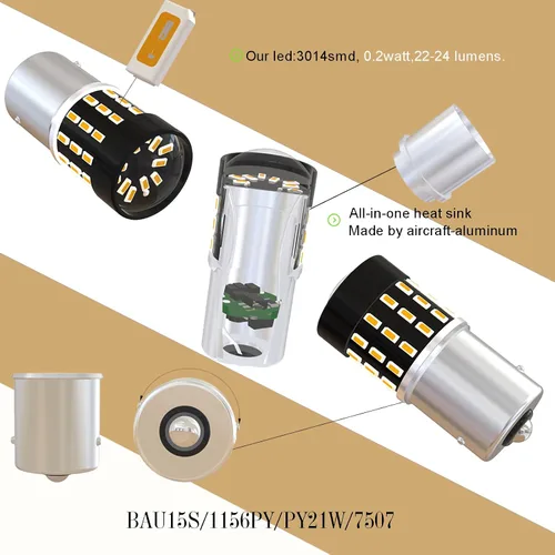 Miniatura 5 de BAU15S PY21W 1156PY 7507 7510 9507 Bombillas LED súper brillantes color amarillo ámbar de 54 SMD 3014 12V-24V para indicadores de posición, luz