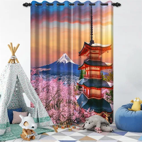 Miniatura 30 de Cortinas japonesas con pintura de tinta, monte Fuji, sol rojo, puesta de sol, hojas de bambú, cortinas de ventana para dormitorio, sala de estar