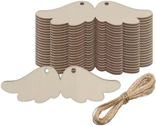 20 piezas de adornos colgantes de madera con forma de ala de ángel en blanco con cordeles de yute, etiquetas de madera para decoración de bodas,