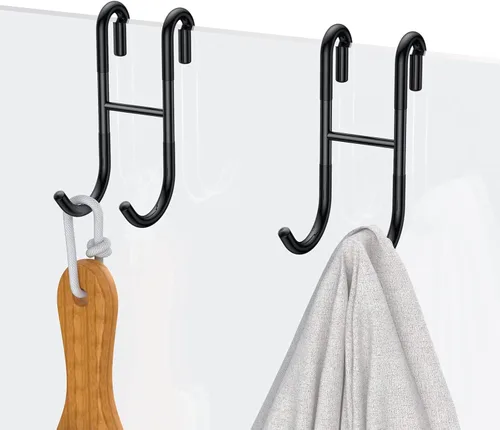 Ganchos para colgar sobre la puerta, paquete de 2 ganchos de ducha de vidrio sin marco, color negro, ganchos para toallas para baño