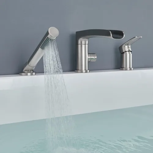 Miniatura 6 de Wowkk Grifo de bañera romana en cascada de níquel cepillado, grifos de baño con ducha de mano