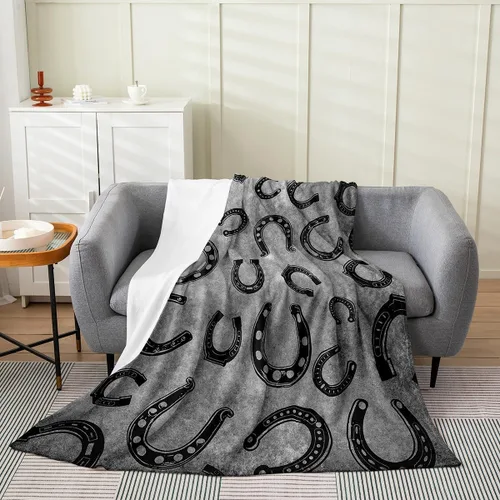 Manta de forro polar con diseño de herradura negra, manta de cama gris vintage con teñido anudado para adultos y adolescentes, decoración rústica de