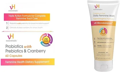 vH essentials Probióticos con prebióticos y arándanos suplemento de salud femenina – 60 cápsulas y lavado femenino diario – Sin fragancia,