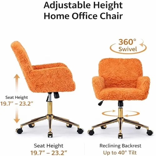 Miniatura 5 de Silla de tocador de piel sintética, silla de escritorio giratoria ajustable con ruedas y base dorada, cómoda silla ancha de maquillaje mullida