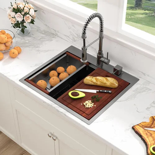 Miniatura 15 de Sarlai 15 Fregadero de Barra de 15x15 Pulgadas para Cocina, Fregadero de Barra de Acero Inoxidable de Calibre 16, Estación de Trabajo con Repisa