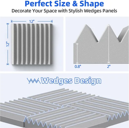 Miniatura 5 de Paquete de 12 paneles de espuma a prueba de sonido para pared con autoadhesivo, paneles acústicos de alta densidad de 2 x 12 x 12 pulgadas, absorben