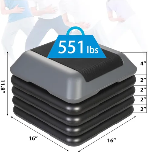 Miniatura 2 de Banco de plataforma de entrenamiento aeróbico ajustable de 16 pulgadas con 4 elevadores de 4-6-8-10-12 pies de altura para gimnasio en casa, Gris