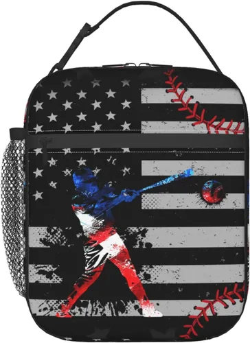 Miniatura 21 de Miaoquhe Lonchera de béisbol para hombres, bolsa de béisbol con bandera estadounidense para mujeres, bolsa de almuerzo para niños, bolsa de almuerzo