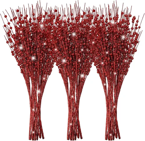 Jutom 12 tallos de bayas artificiales de Navidad con purpurina de 15.7 pulgadas, adornos de púas de bayas de acebo, adornos falsos para árbol de