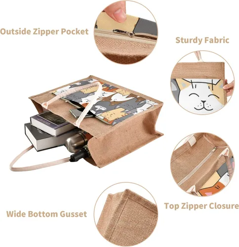 Miniatura 3 de CaTaKu Divertida bolsa de yute con asas y cremallera para gatos, bolsa de arpillera reutilizable con bolsillo frontal de lona, regalo para bodas, 12