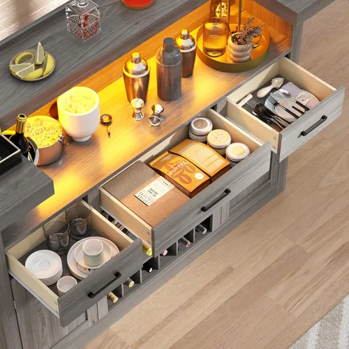 Miniatura 5 de Loomie Armario de mesa de bar con LED y 3 cajones, barra de licor con estantes de almacenamiento ajustables y soportes para copas, mostrador
