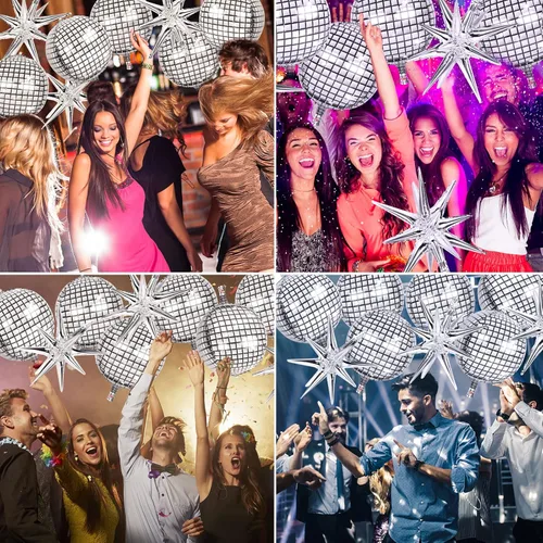 Miniatura 6 de 8 globos plateados de 22 pulgadas, globos de aluminio grandes 4D con estrella metálica para discoteca de los años 70, fiesta de cumpleaños, Plata 8