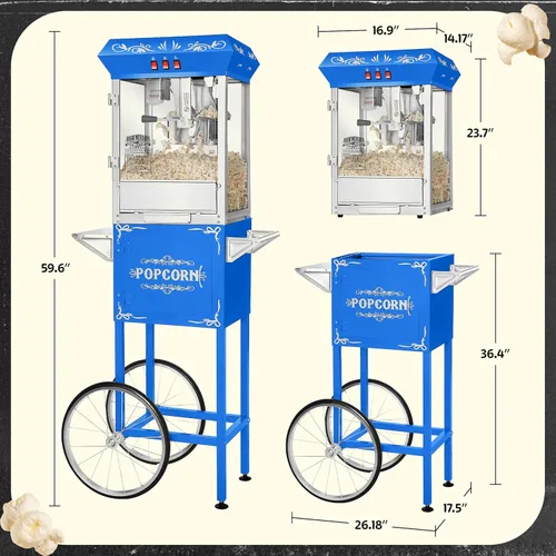 Miniatura 6 de Máquina para hacer palomitas de maíz con carrito, hervidor de acero inoxidable de 8 onzas que hace hasta 48 tazas, estilo cine, estilo vintage
