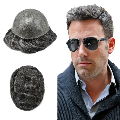 Miniatura 24 de Toupee para hombres Sistema de reemplazo de cabello humano Full Poly Mens Toupee Hairpiece inyectado PU peluca para hombre sistemas de cabello 1B#