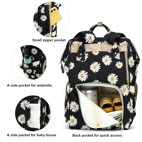 Miniatura 3 de Mochila de pañales con diseño floral para bebés, niñas y niños, bolsas de pañales para mamá con flores para mujeres (color negro margarita)
