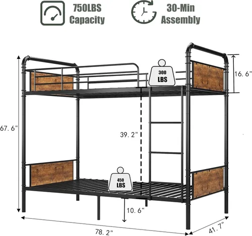 Miniatura 2 de Garvee - Litera industrial de camas individuales con escalera, convertible a 2 camas individuales separadas, litera de metal resistente, escalera