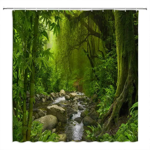 Cortina de ducha de selva tropical, verde selva, bosque, arroyo, plantas exóticas, naturaleza primitiva, naturaleza, paisaje botánico, decoración de