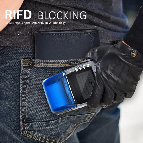 Miniatura 47 de Cartera de cuero RFID hecha a mano para hombres, elegante cartera de bolsillo frontal triple con 2 ranuras para identificación y 9 tarjetas, Negro