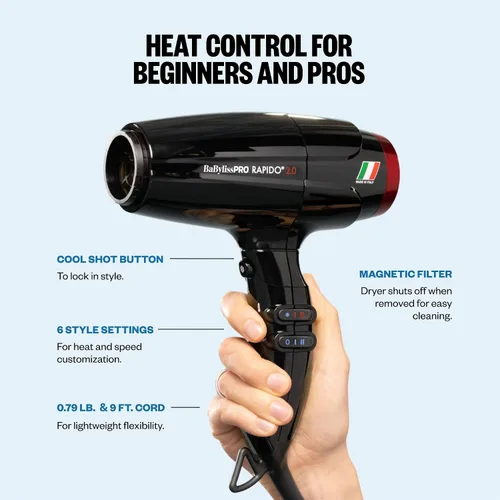 Miniatura 5 de Secador de pelo de alta velocidad BaBylissPRO 2000W Brushless Motor for All Hair Types, Engineered Airflow for Frizz-Free Results, Black, BRAP2