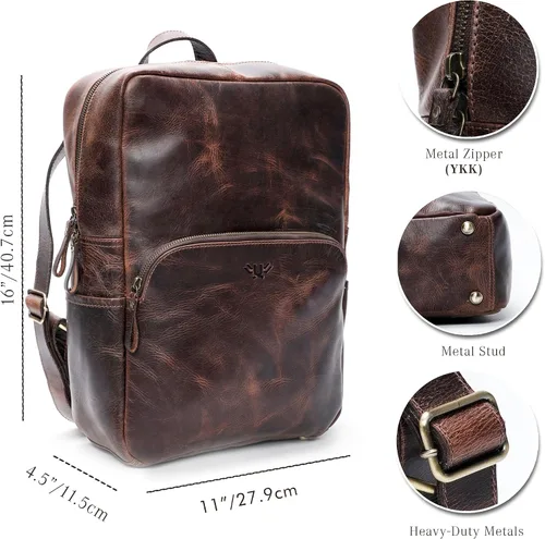 Miniatura 3 de Mochila de cuero hecha a mano para hombres y mujeres, bolsa para laptop de 15.6 pulgadas, cuero genuino, estilo retro, casual, para universidades