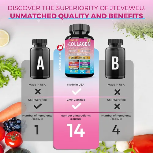 Miniatura 3 de Suplemento de colágeno - Tipos I, II, III, V y X, MCG Biotina, queratina, ácido hialurónico, zinc, extracto de semilla de uva, quercetina, vitamina