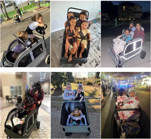 Miniatura 5 de Cochecito de 4 plazas, vagón cuádruple grande para niños de 2, 3, 4, bebé, viaje, todo terreno, empuje, triple, doble, doble cara a lado, con Gris
