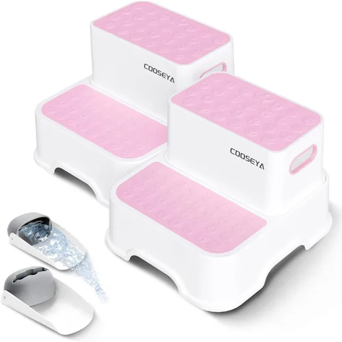 Miniatura 9 de COOSEYA Taburetes de 2 escalones para niños, taburete escalonado para niños pequeños para lavabo de baño, doble escalón antideslizante para baño
