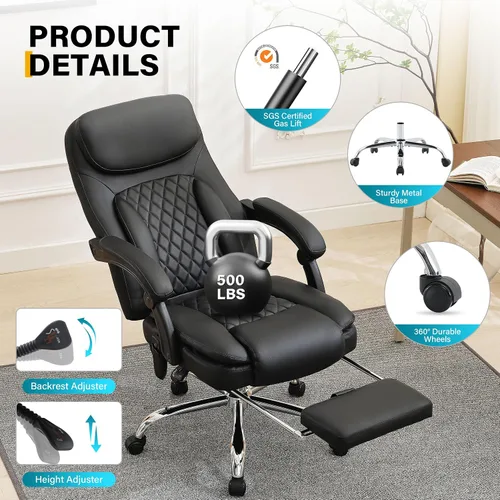 Miniatura 8 de Silla de oficina de masaje de 6 puntos con silla de oficina térmica y ergonómica con reposapiés y respaldo alto reclinable de 45°, silla de oficina